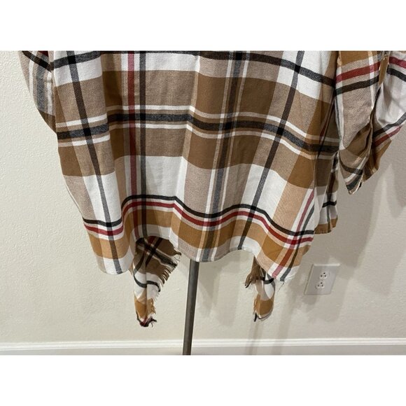 Maurices Womens 1X Open Blouse Plaid Fringe Roll Tab Sleeves - Picture 11 of 11